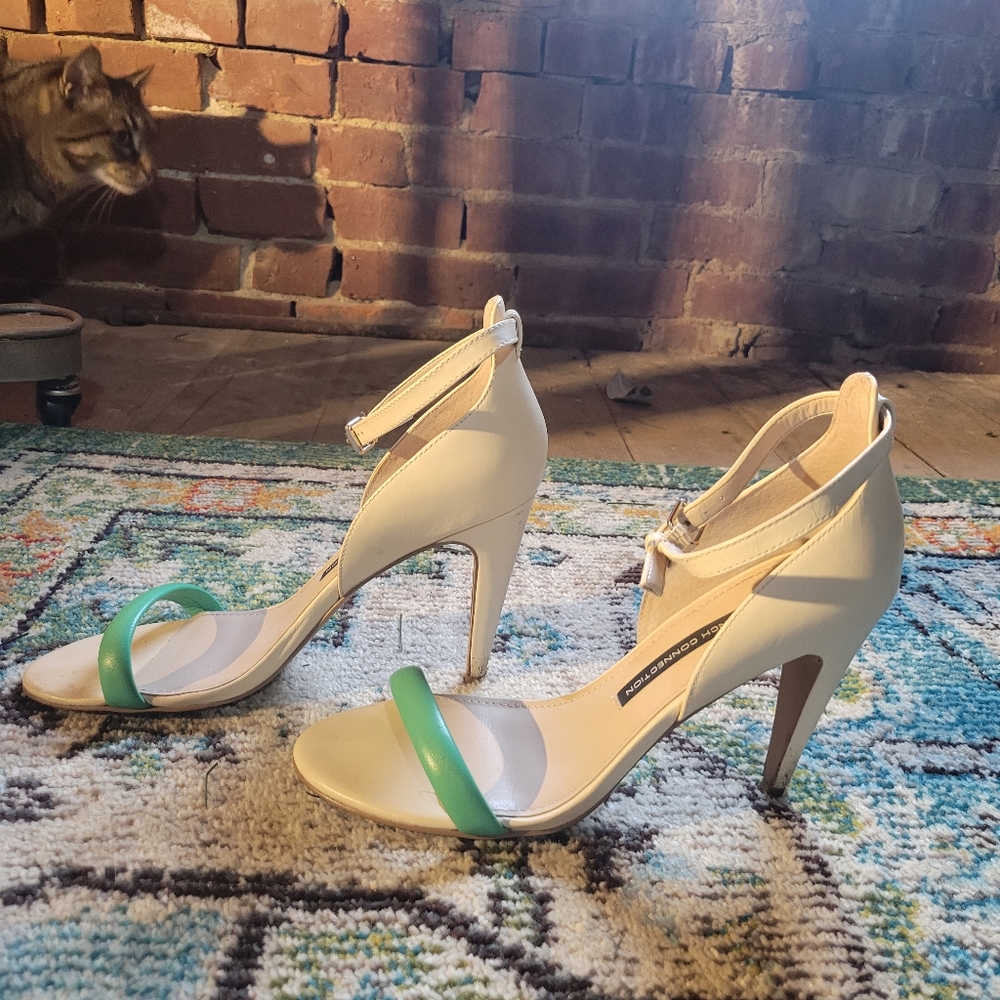 French Connection green and white strappy stilettos